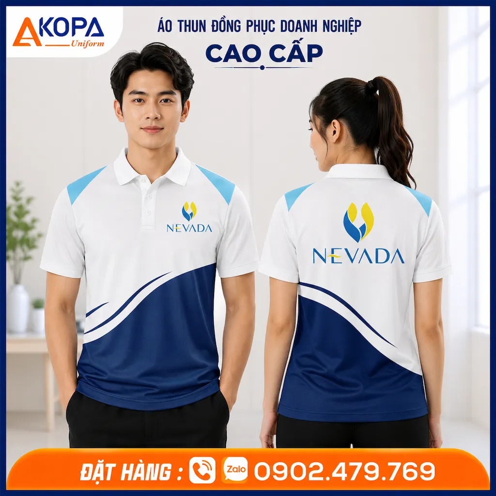 Áo polo đồng phục Nevada màu trắng phối xanh thanh lịch