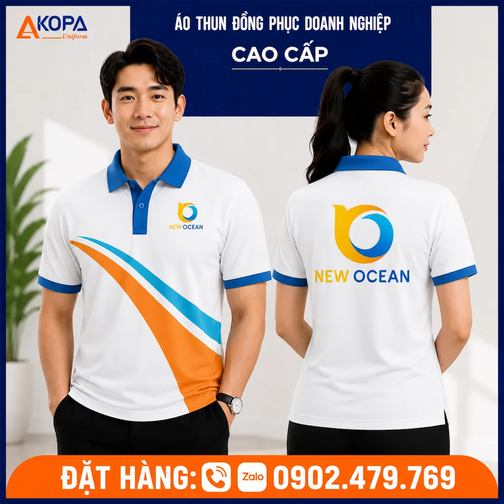 Áo polo đồng phục New Ocean màu trắng xanh dương nổi bật