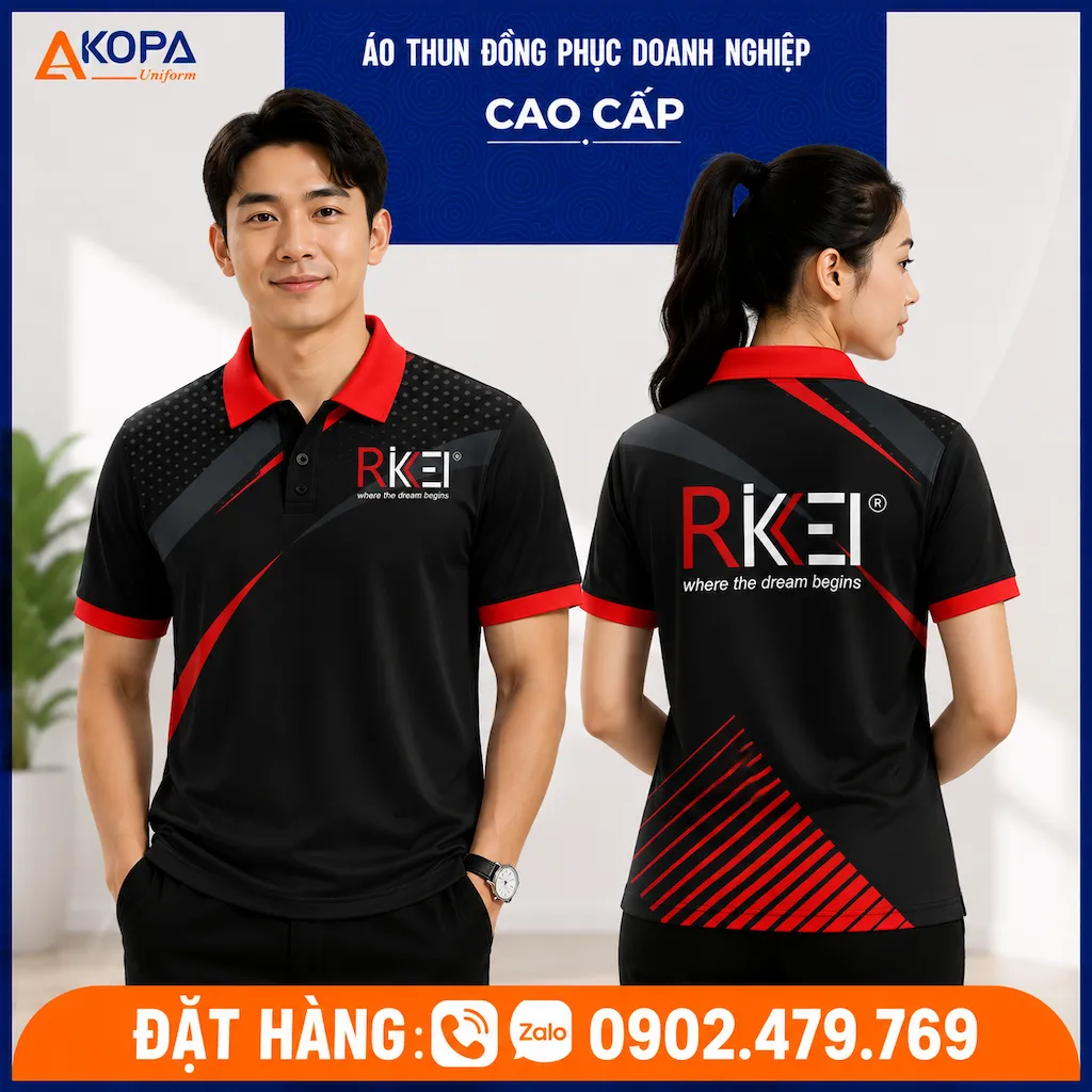 Áo polo đồng phục RKEI màu đen phối đỏ cá tính