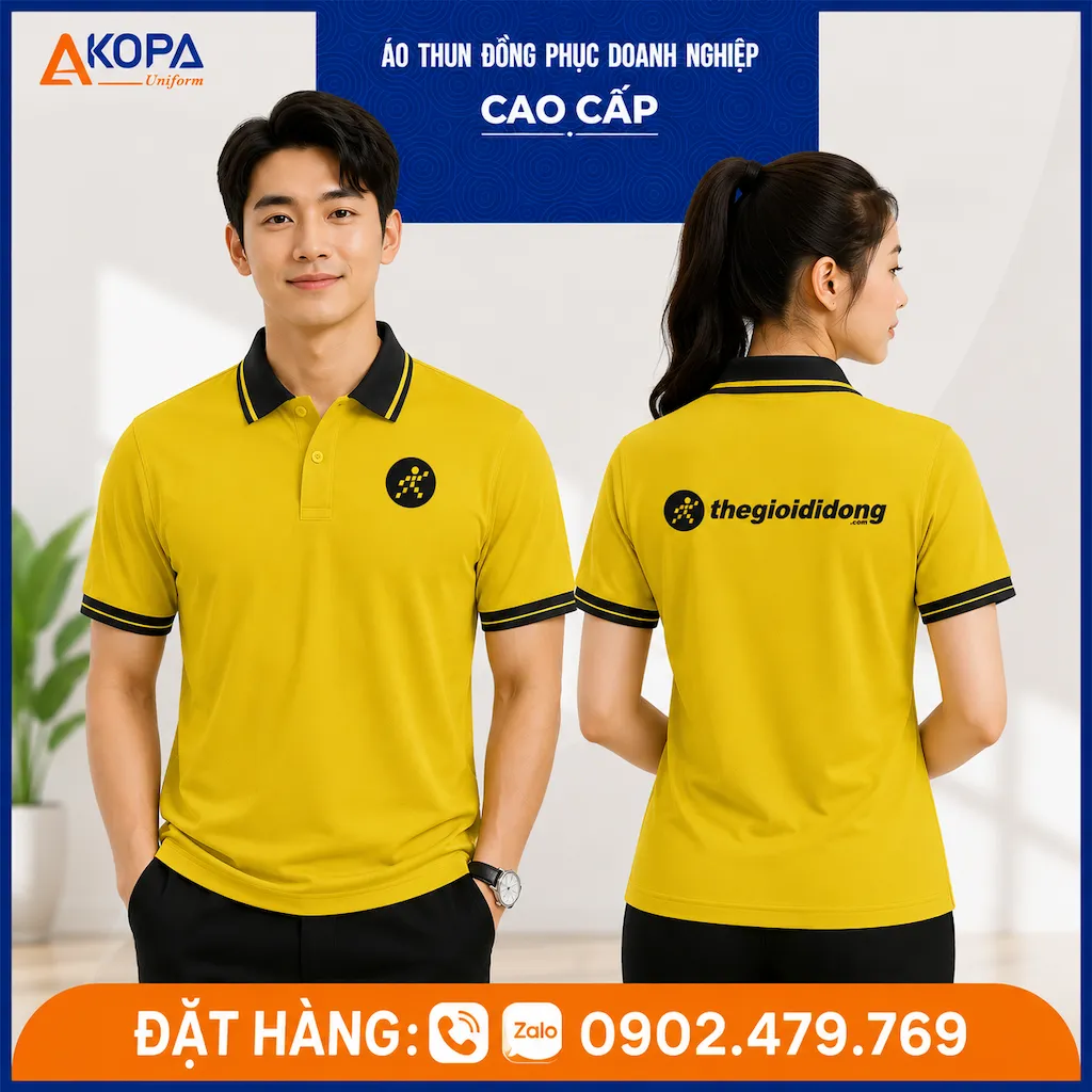 Áo polo đồng phục Thế Giới Di Động màu vàng phối đen nổi bật