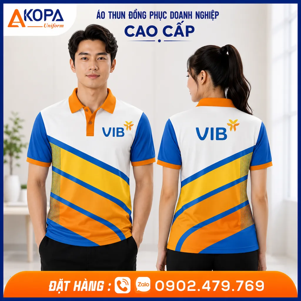 Áo polo đồng phục VIB màu cam xanh phối trắng nổi bật