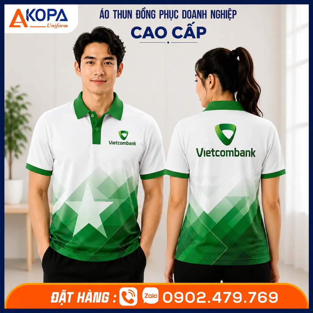 Áo polo đồng phục Vietcombank màu trắng xanh lá cao cấp