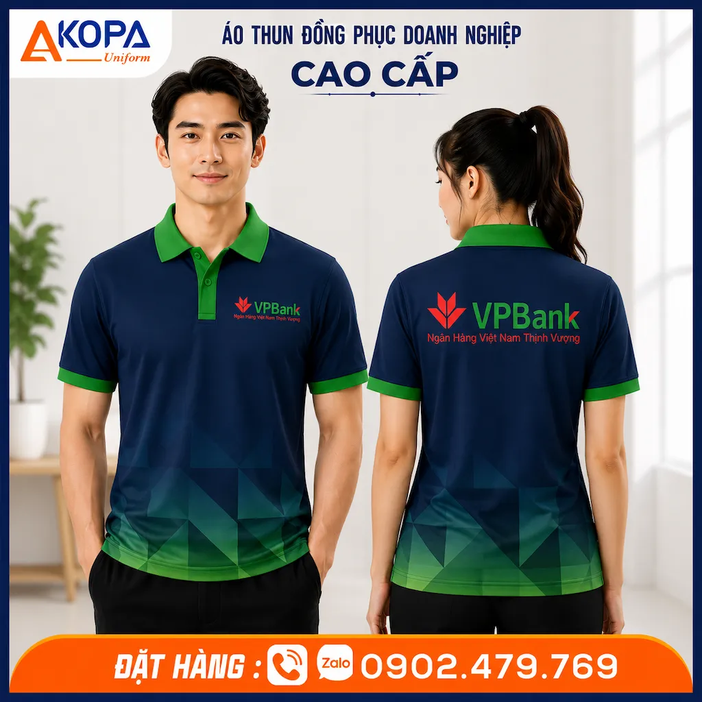 Áo polo đồng phục VPBank màu xanh đen phối xanh lá hiện đại