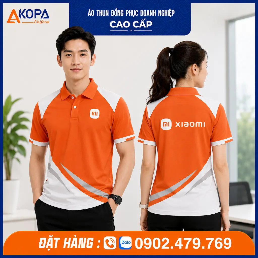 Áo polo đồng phục Xiaomi màu cam phối trắng trẻ trung
