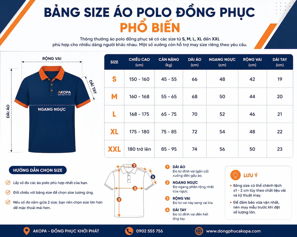Bảng size áo polo đồng phục phổ biến với thông số chiều cao, cân nặng và kích thước áo chi tiết.