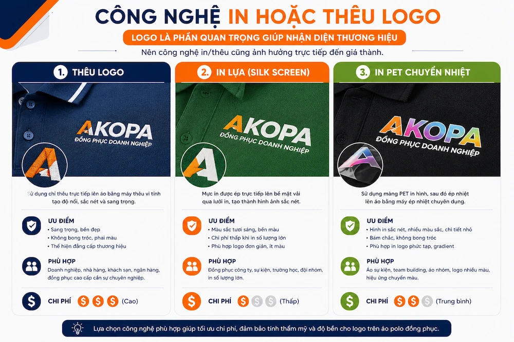 So sánh công nghệ thêu logo, in lụa và in PET chuyển nhiệt 