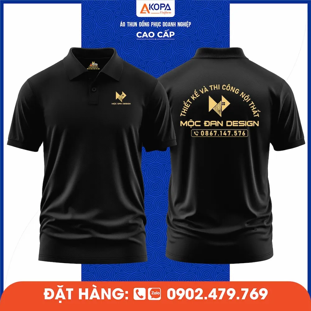 Áo polo màu đen in logo vàng dành cho ngành nội thất và thi công công trình.