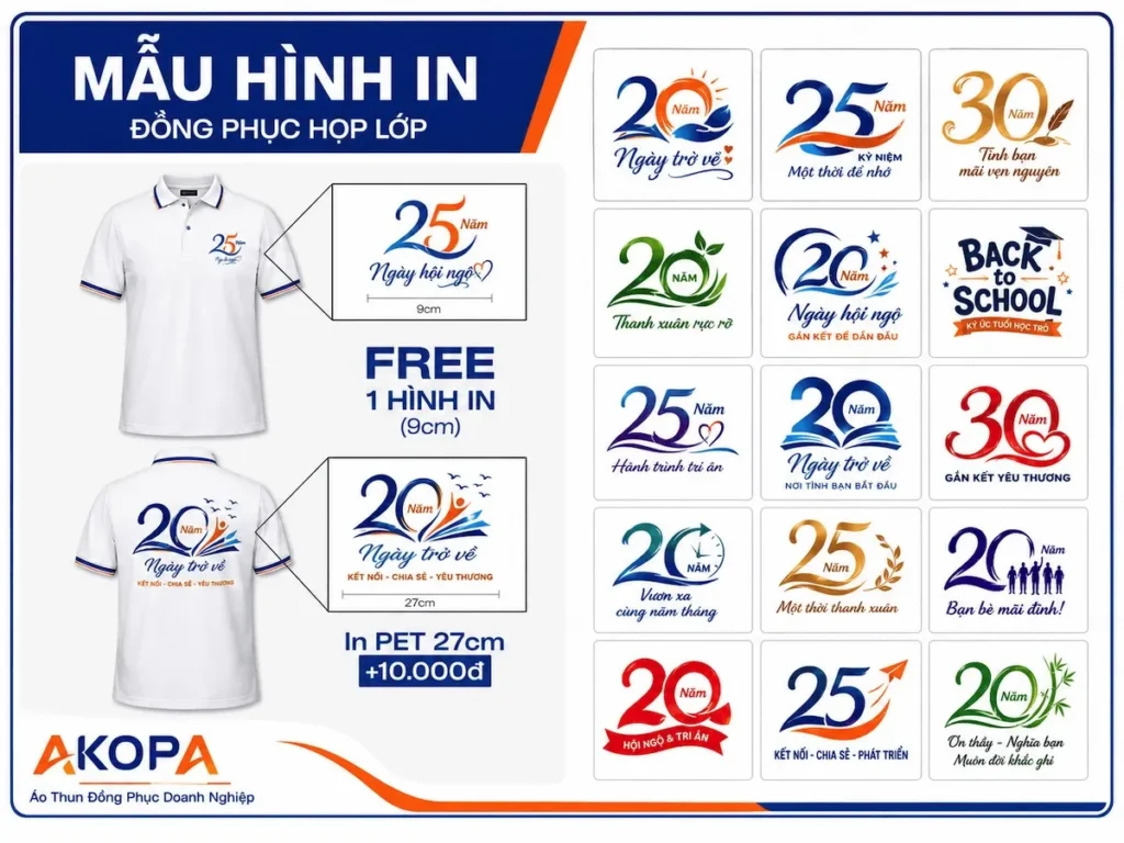 mẫu hình in ,logo áo đồng phục họp lớp 20 năm akopa