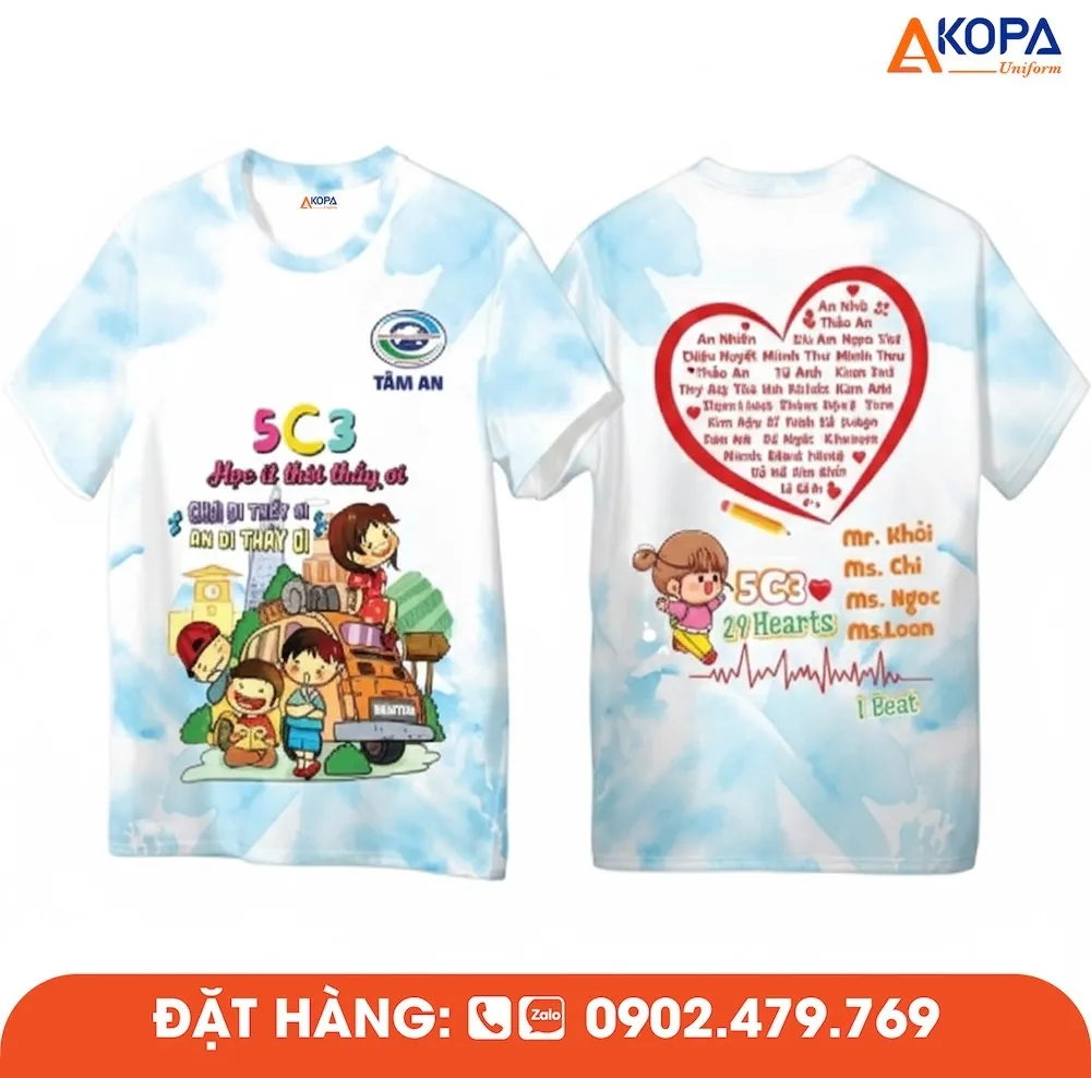 Áo phông đồng phục nhóm thiết kế sáng tạo với hình hoạt hình và chủ đề kỷ niệm lớp học, phù hợp cho du lịch, dã ngoại, teambuilding và các hoạt động gắn kết nhóm.