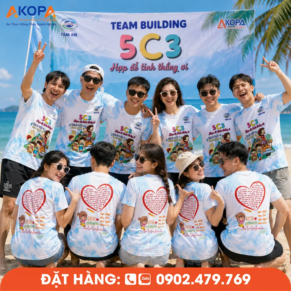 Áo phông đồng phục nhóm thiết kế theo yêu cầu, phù hợp team building, du lịch biển và sự kiện tập thể, giúp gắn kết và tạo dấu ấn riêng.