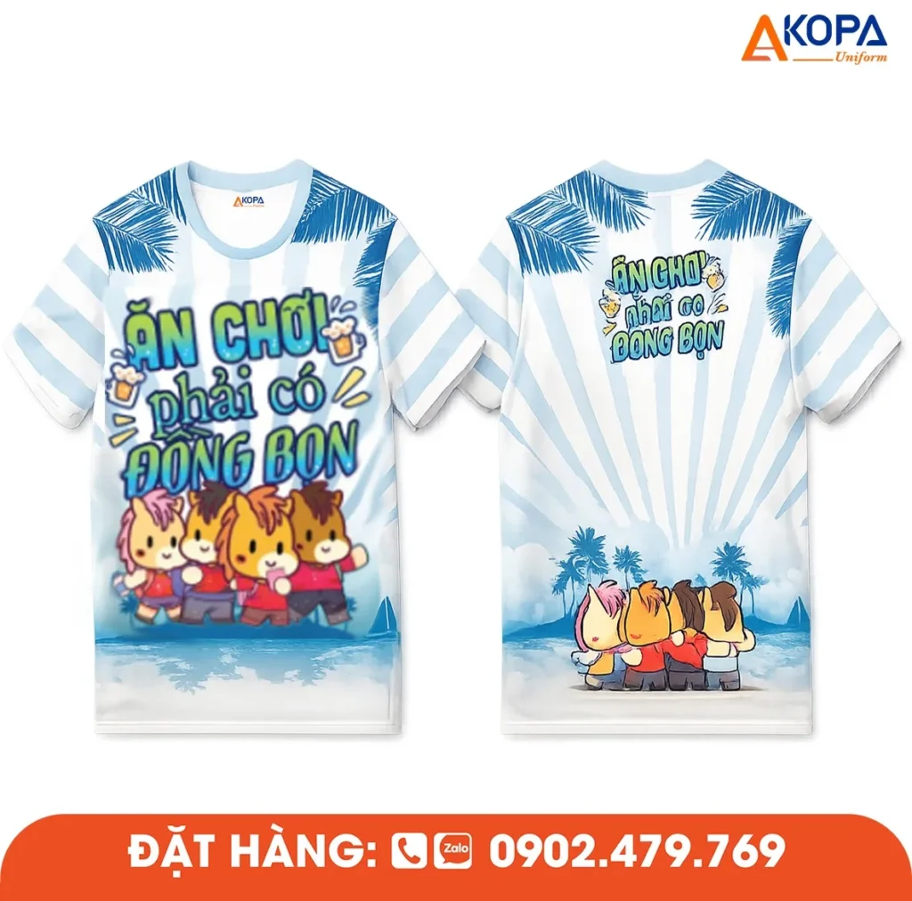 Áo phông đồng phục nhóm thiết kế trẻ trung với slogan “Ăn chơi phải có đồng bọn”, thích hợp cho du lịch, sự kiện và hoạt động teambuilding.
