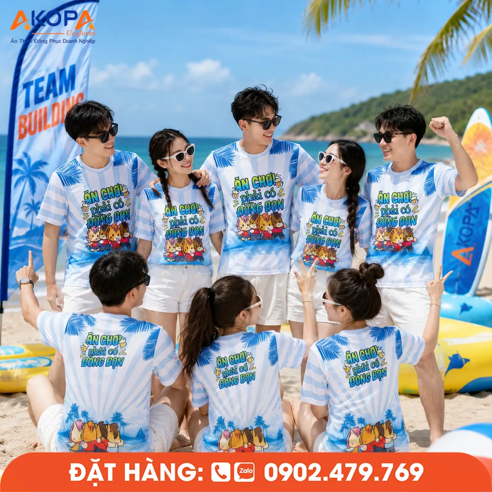 Áo phông đồng phục nhóm thiết kế độc đáo, phù hợp du lịch biển, team building và hoạt động gắn kết tập thể với phong cách trẻ trung.