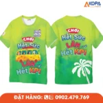 Áo phông đồng phục nhóm thiết kế xanh lá trẻ trung với slogan “Chơi hết sức làm hết KPI” và hình xe du lịch, phù hợp cho du lịch, teambuilding, sự kiện và hoạt động gắn kết nhóm.