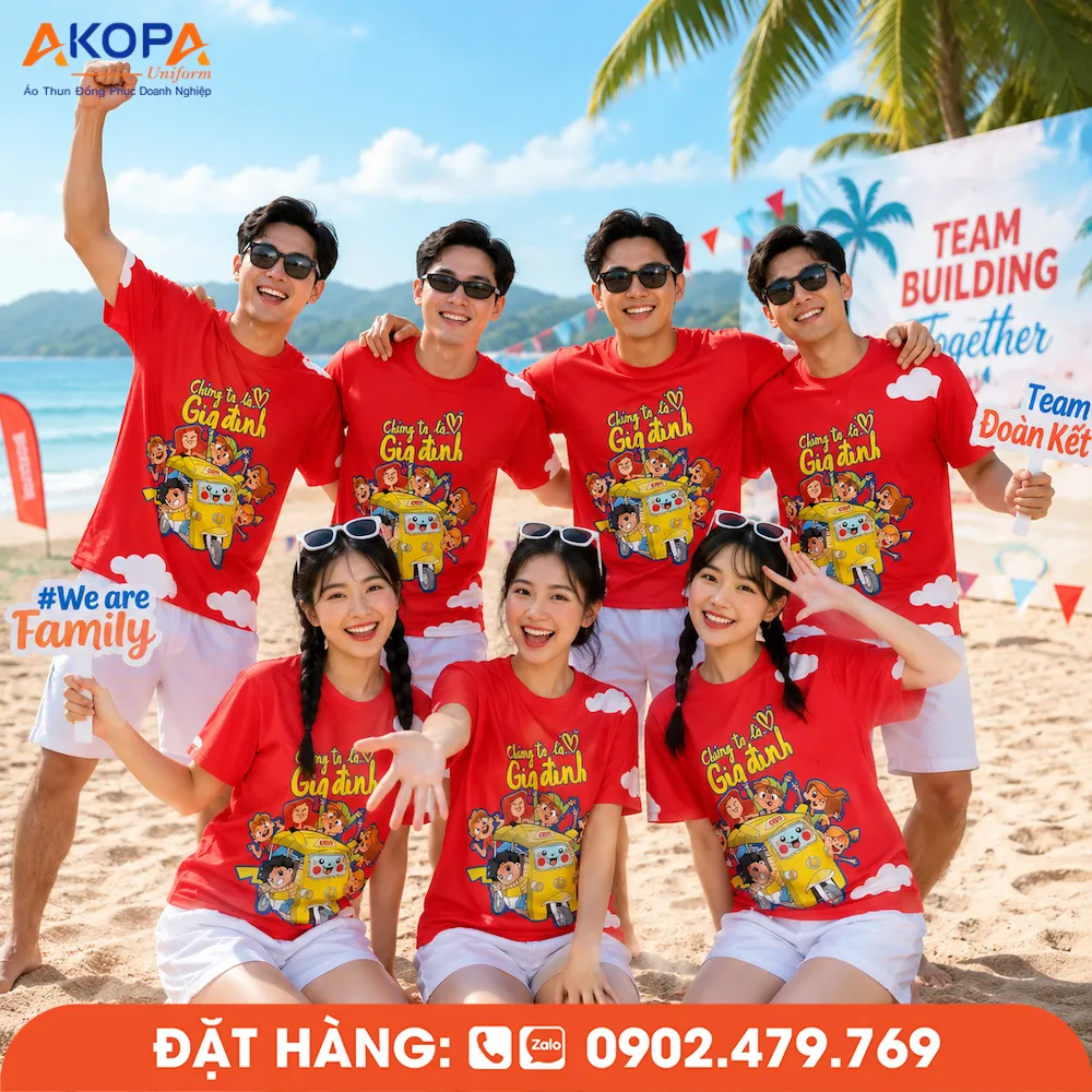 Áo phông đồng phục nhóm thiết kế theo yêu cầu với phong cách trẻ trung, phù hợp team building, du lịch biển và sự kiện gắn kết doanh nghiệp.