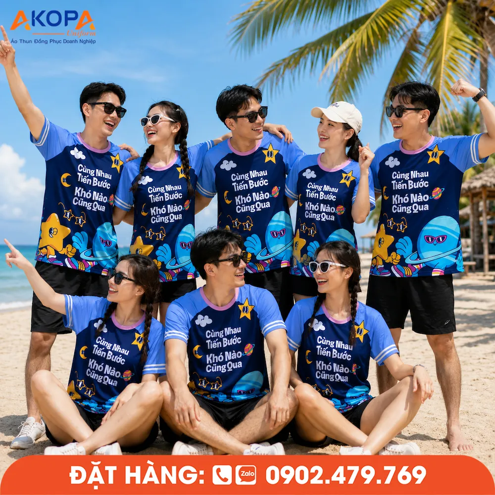 Áo phông đồng phục nhóm thiết kế sáng tạo, phù hợp team building, du lịch biển và hoạt động tập thể, giúp tăng sự gắn kết và tạo dấu ấn riêng.