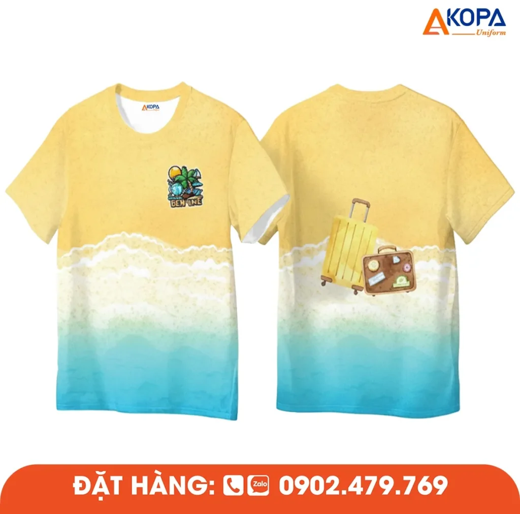 Áo phông đồng phục nhóm thiết kế họa tiết biển và vali độc đáo, phù hợp cho du lịch, teambuilding và các hoạt động gắn kết tập thể.