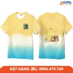 Áo phông đồng phục nhóm thiết kế họa tiết biển và vali độc đáo, phù hợp cho du lịch, teambuilding và các hoạt động gắn kết tập thể.
