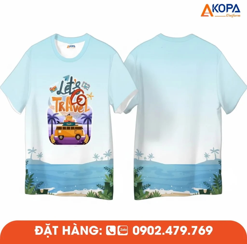 Áo phông đồng phục nhóm thiết kế “Let’s Travel” với họa tiết xe du lịch và biển xanh nổi bật, phù hợp cho du lịch, dã ngoại và hoạt động gắn kết tập thể.