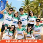Áo phông đồng phục nhóm thiết kế trắng xanh họa tiết nhiệt đới, phù hợp du lịch biển, teambuilding, sự kiện và các hoạt động gắn kết đội nhóm.