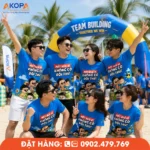 Áo phông đồng phục nhóm màu xanh dương thiết kế trẻ trung, phù hợp teambuilding, du lịch biển, sự kiện và hoạt động gắn kết đội nhóm với phong cách nổi bật.