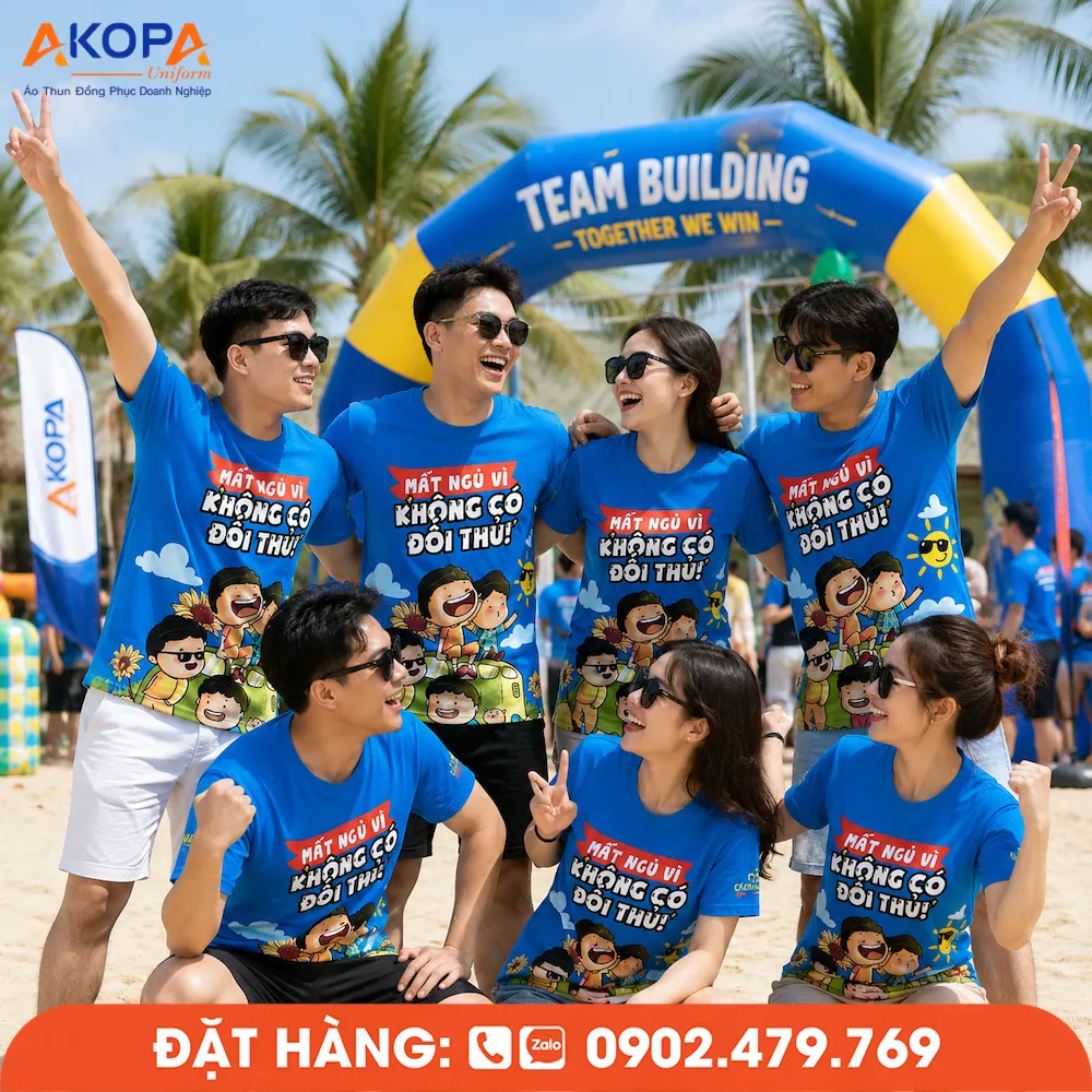 Áo phông đồng phục nhóm màu xanh dương thiết kế trẻ trung, phù hợp teambuilding, du lịch biển, sự kiện và hoạt động gắn kết đội nhóm với phong cách nổi bật.