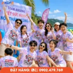 Áo phông đồng phục nhóm màu tím loang với slogan Mất Ngủ Vì Không Có Đối Thủ dành cho 10 thành viên tham gia teambuilding biển.