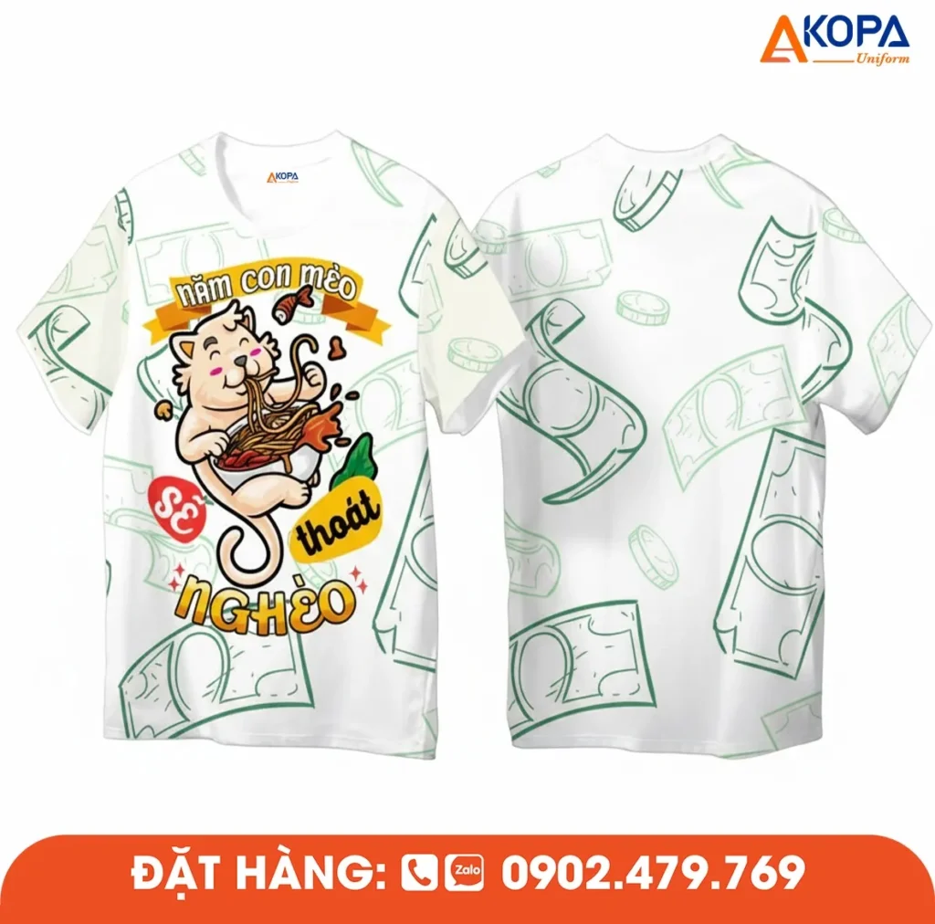 Áo phông đồng phục nhóm thiết kế sáng tạo với hình mèo ăn mì và slogan vui nhộn, phù hợp cho du lịch, teambuilding, sự kiện và các hoạt động gắn kết nhóm.
