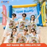 Áo phông đồng phục nhóm màu trắng thiết kế trẻ trung theo yêu cầu, phù hợp teambuilding, du lịch biển, sự kiện và các hoạt động gắn kết đội nhóm.