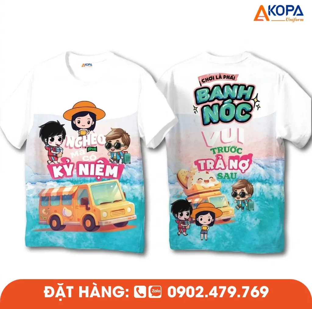 Áo phông đồng phục nhóm thiết kế chủ đề du lịch vui nhộn, phù hợp cho áo nhóm đi biển, teambuilding, dã ngoại và lưu giữ những kỷ niệm đáng nhớ.