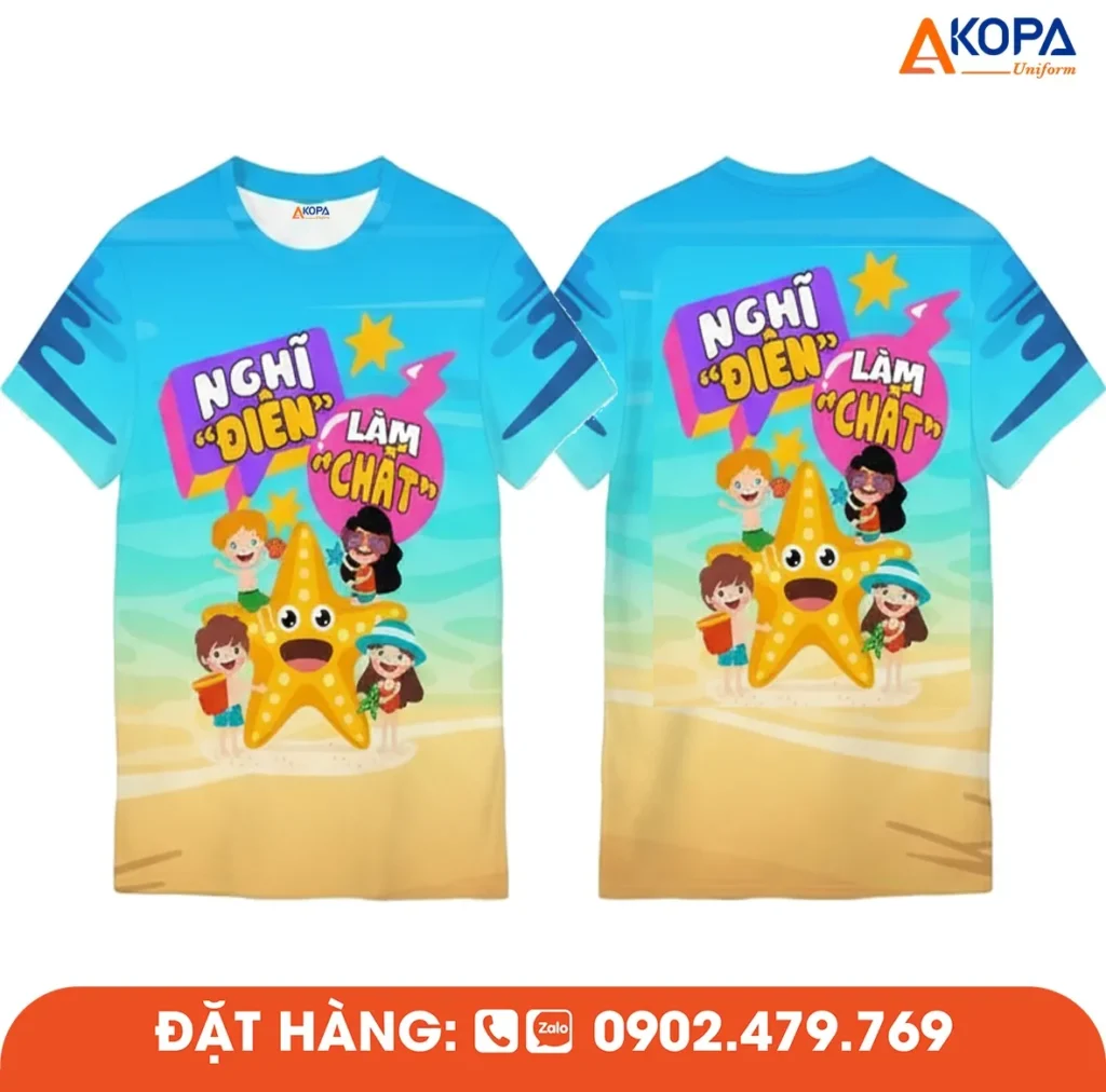 Áo phông đồng phục nhóm thiết kế chủ đề biển với slogan “Nghỉ điên làm chất” và hình sao biển đáng yêu, phù hợp cho du lịch, teambuilding và sự kiện gắn kết nhóm.