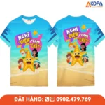 Áo phông đồng phục nhóm thiết kế chủ đề biển với slogan “Nghỉ điên làm chất” và hình sao biển đáng yêu, phù hợp cho du lịch, teambuilding và sự kiện gắn kết nhóm.