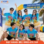 Áo phông đồng phục nhóm thiết kế Nghỉ Điên Làm Chất màu xanh vàng, phù hợp teambuilding, du lịch biển, dã ngoại và sự kiện gắn kết đội nhóm.