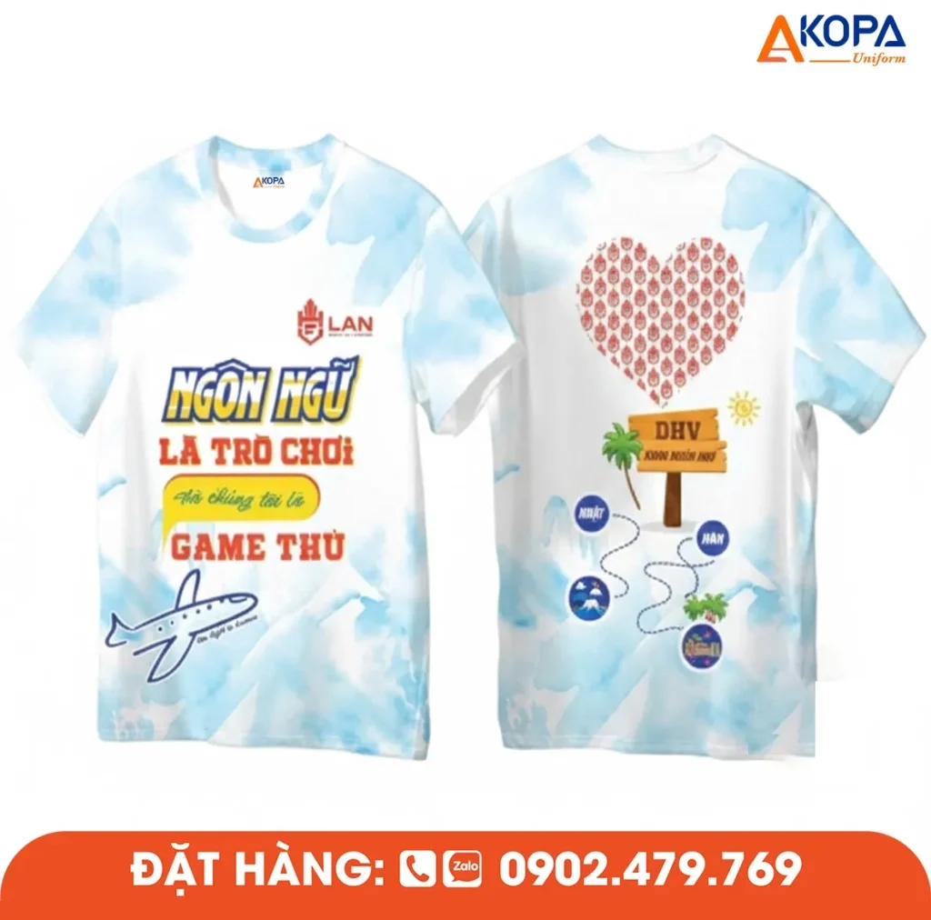 Áo phông đồng phục nhóm thiết kế độc đáo với slogan “Ngôn ngữ là trò chơi, chúng tôi là game thủ”, phù hợp cho du lịch, sự kiện, teambuilding và các hoạt động gắn kết nhóm.