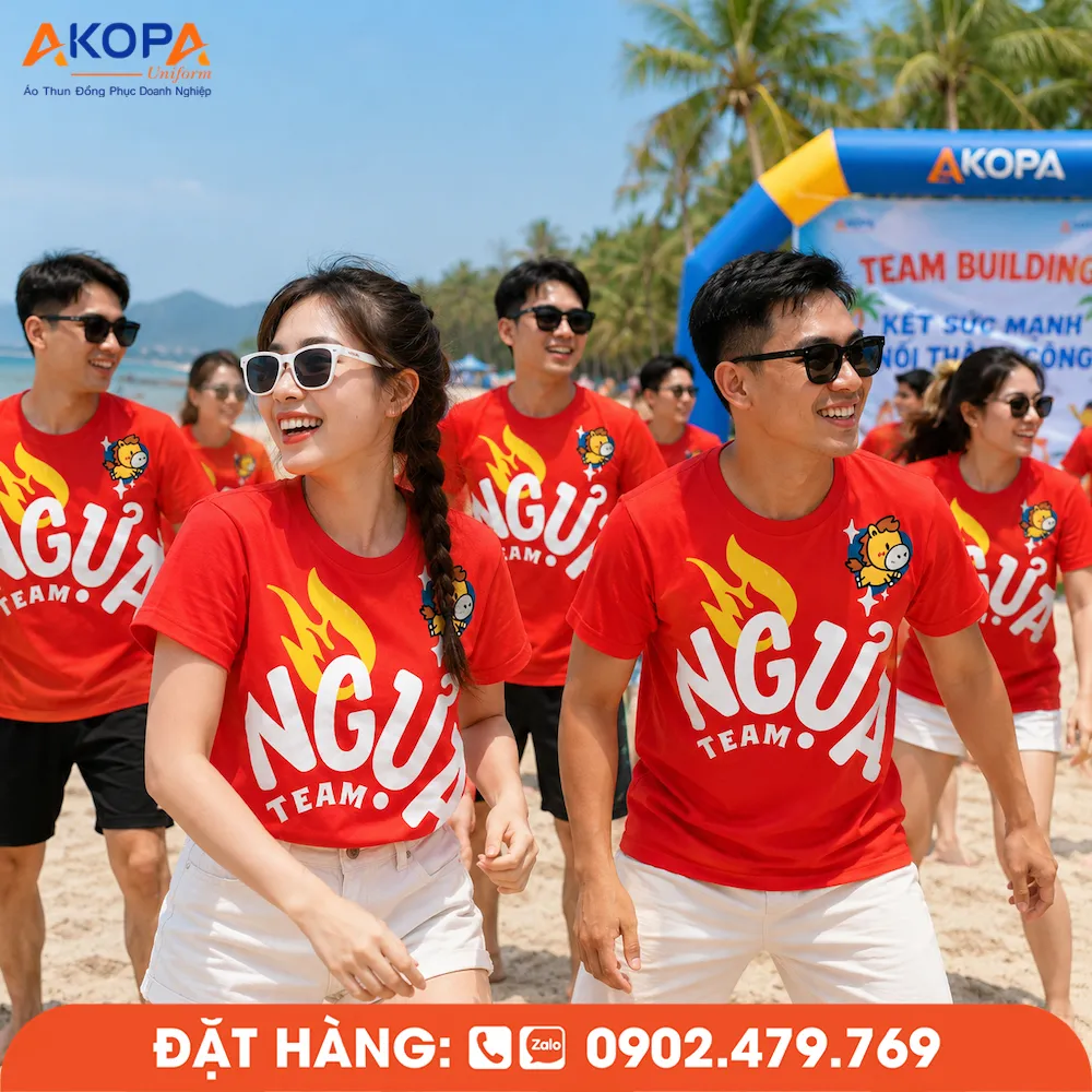 Áo phông đồng phục nhóm màu đỏ với thiết kế Ngựa Team dành cho các thành viên tham gia teambuilding và du lịch biển năng động.