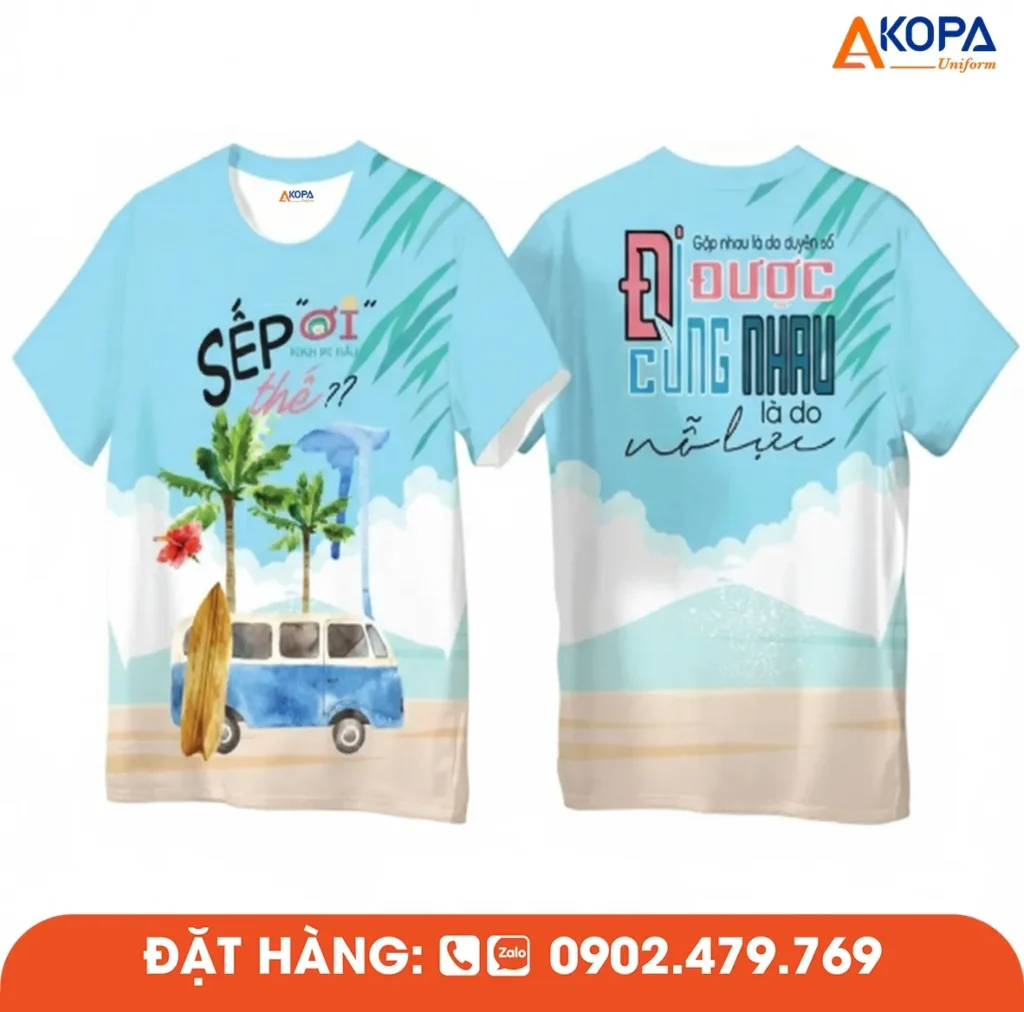 Áo phông đồng phục nhóm thiết kế chủ đề biển với hình xe du lịch và slogan ý nghĩa, phù hợp cho du lịch, teambuilding, dã ngoại và các hoạt động gắn kết nhóm.
