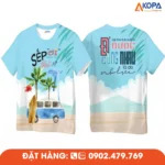 Áo phông đồng phục nhóm thiết kế chủ đề biển với hình xe du lịch và slogan ý nghĩa, phù hợp cho du lịch, teambuilding, dã ngoại và các hoạt động gắn kết nhóm.
