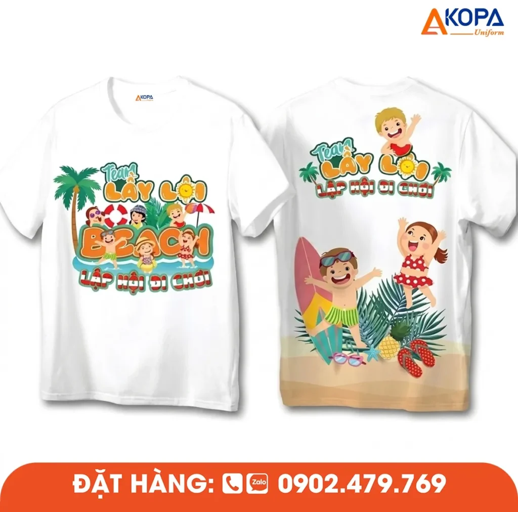 Áo phông đồng phục nhóm thiết kế chủ đề đi biển vui nhộn, phù hợp cho áo nhóm du lịch, teambuilding, dã ngoại và các hoạt động gắn kết tập thể.