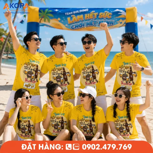 Áo Phông Nhóm Team Building Màu Vàng In Hình Theo Yêu Cầu