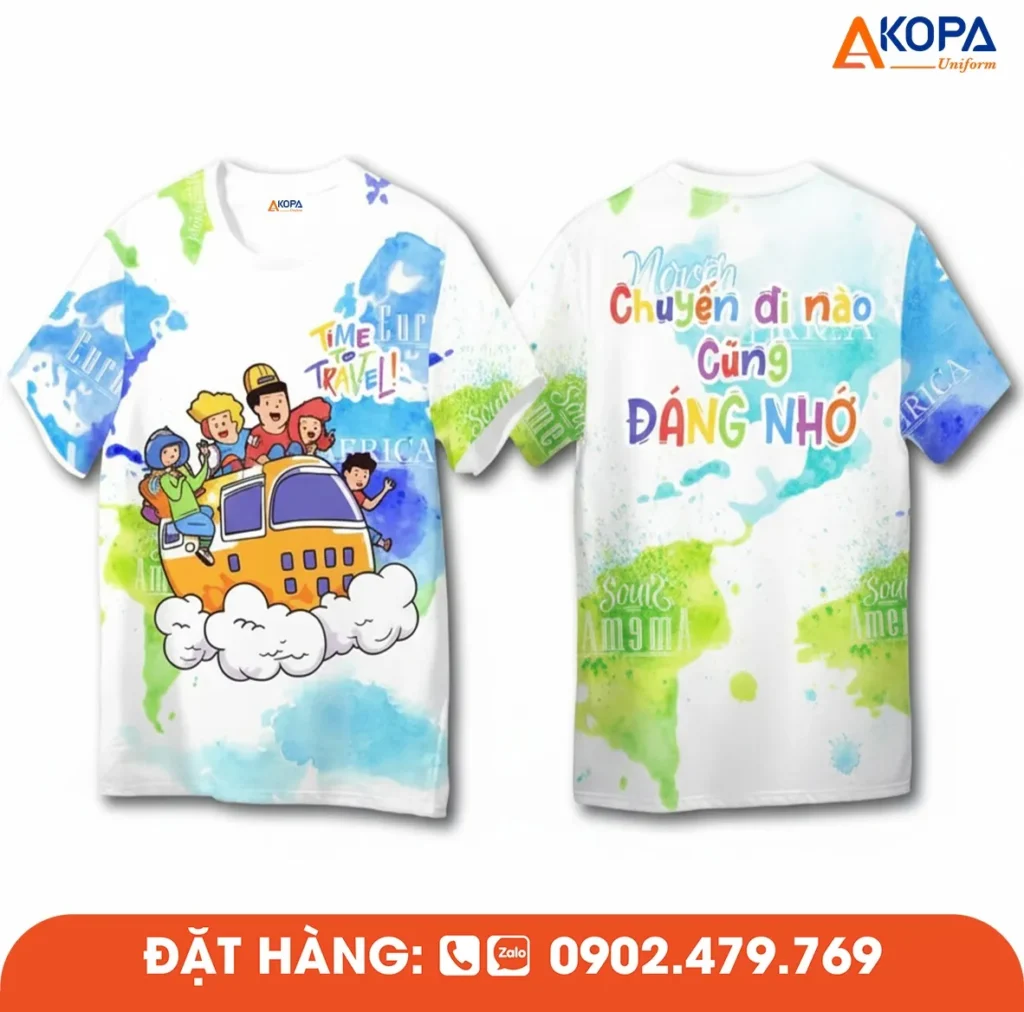 Áo phông đồng phục nhóm thiết kế Time for Travel với hình xe du lịch sinh động, phù hợp cho du lịch, teambuilding và các sự kiện tập thể.