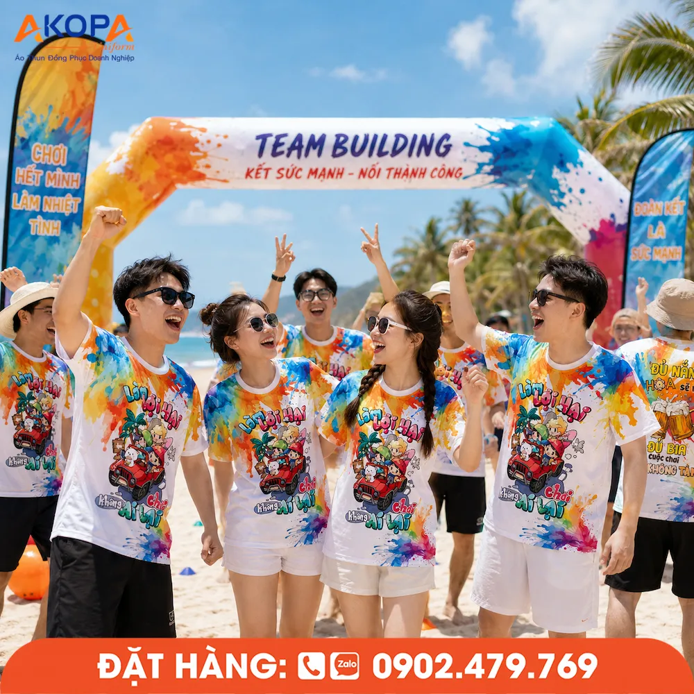 Áo phông đồng phục nhóm thiết kế màu loang trẻ trung, phù hợp teambuilding, du lịch biển, dã ngoại và các hoạt động gắn kết đội nhóm.