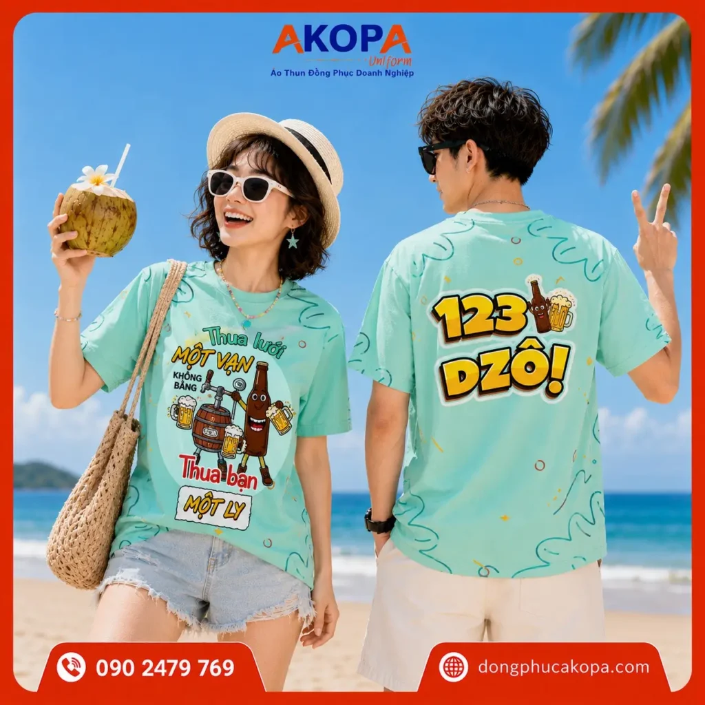 Áo phông nhóm nổi bật với thiết kế mặt trước và mặt sau được đầu tư đồng bộ, tạo điểm nhấn ở mọi góc nhìn. Hình in sắc nét, bố cục cân đối giúp tập thể dễ gây ấn tượng trong các buổi vui chơi và du lịch.