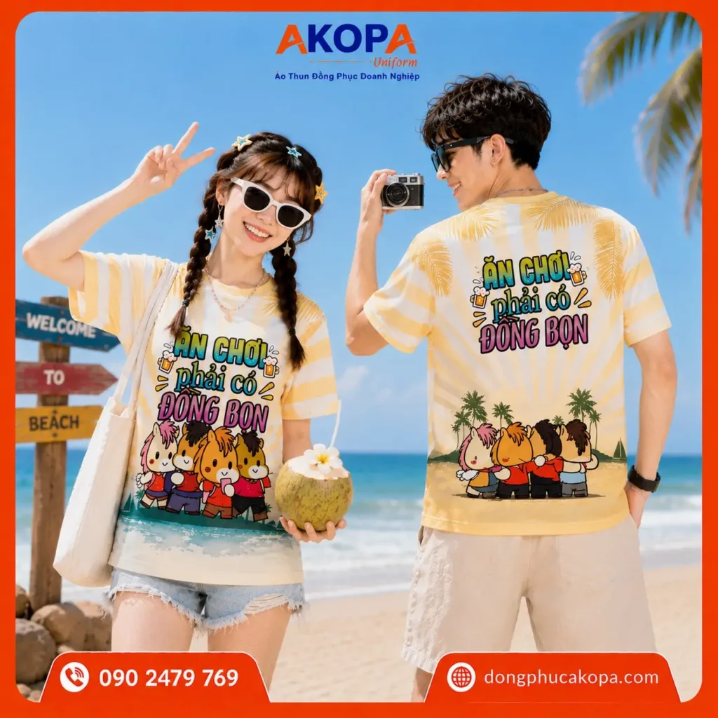 Áo phông nhóm đi biển nổi bật với tông vàng kem trẻ trung cùng slogan "Ăn chơi phải có đồng bọn" đầy cá tính. Thiết kế in trước – sau đồng bộ, phù hợp cho du lịch, team building và những chuyến đi cùng hội bạn.
