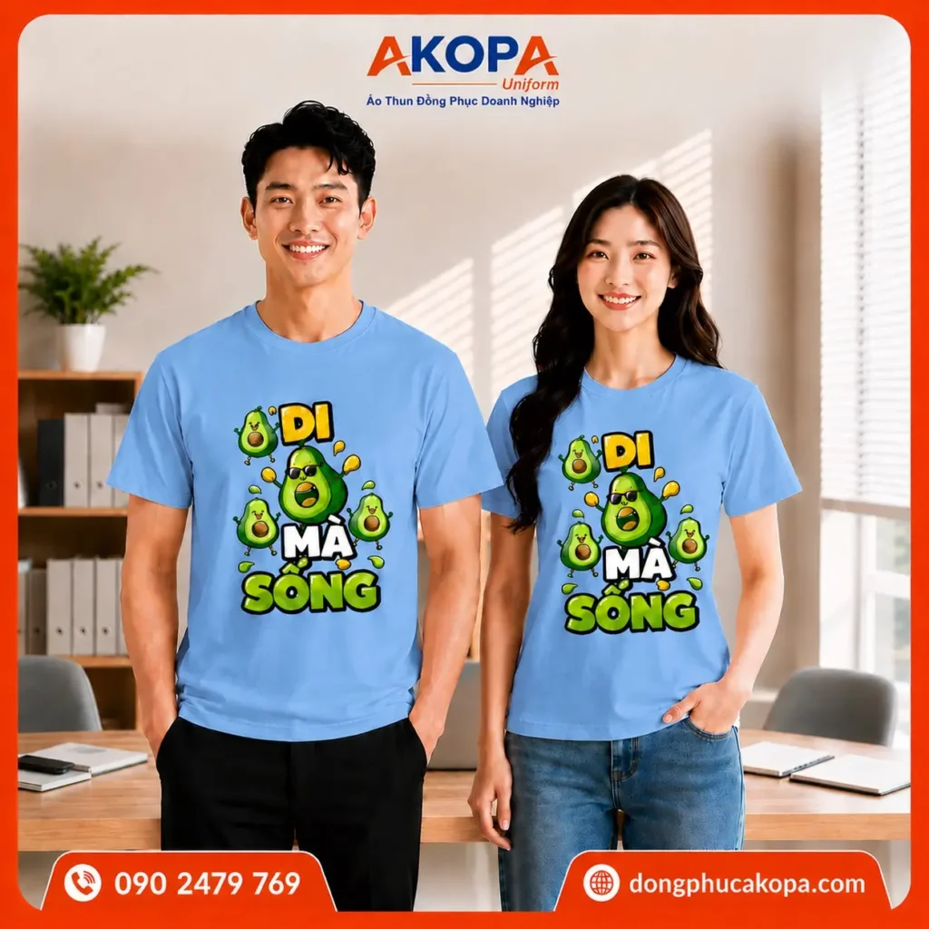 Áo phông nhóm hài hước với gam xanh trẻ trung cùng họa tiết "Bơ đi mà sống" nổi bật, mang đến phong cách năng động, phù hợp cho du lịch, dã ngoại và những buổi tụ họp bạn bè.