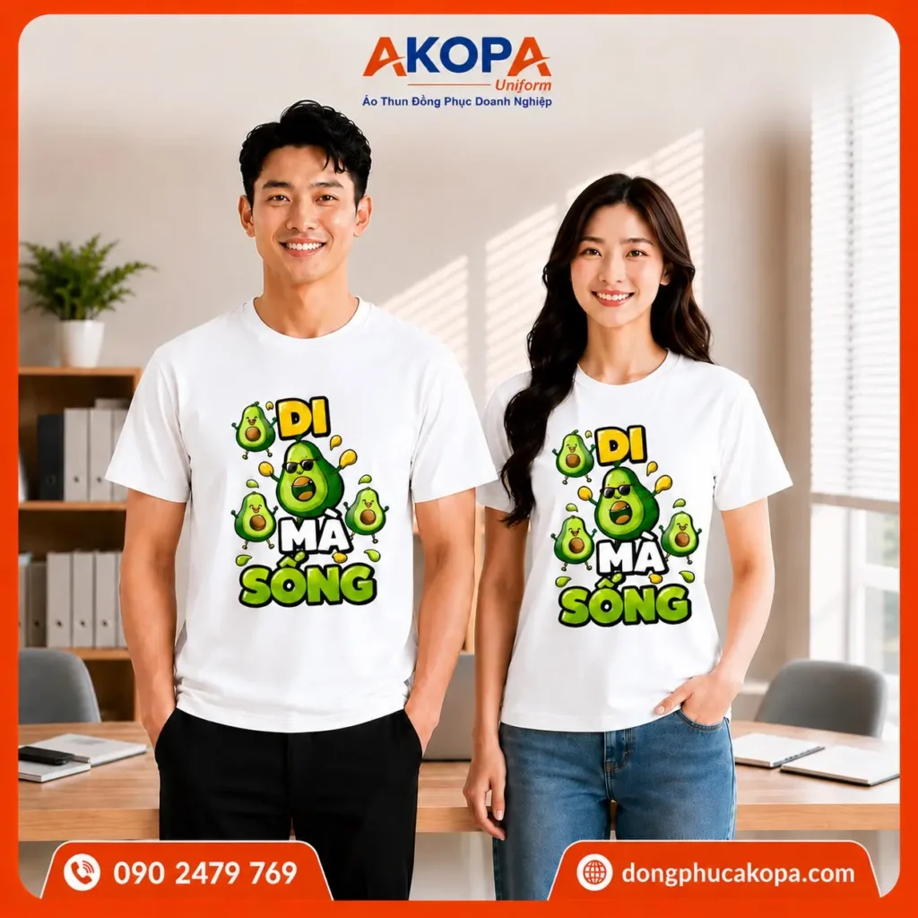 Áo phông nhóm hài hước màu trắng nổi bật với họa tiết "Bơ đi mà sống" độc đáo, mang phong cách trẻ trung, phù hợp cho du lịch, dã ngoại và các hoạt động tập thể.