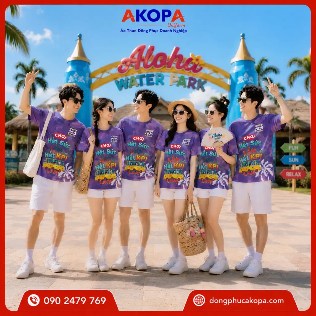 Áo phông team building màu tím nổi bật, slogan "Chơi hết sức – Làm hết KPI", phù hợp cho du lịch, công viên nước và hoạt động tập thể.