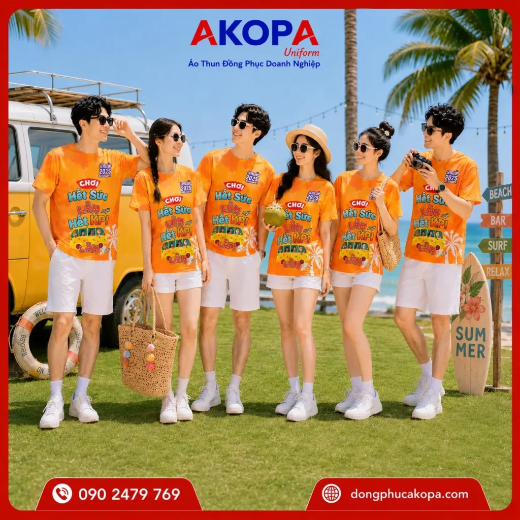 Áo phông team building màu cam nổi bật, slogan "Chơi hết sức – Làm hết KPI", phù hợp cho du lịch, đi biển và hoạt động tập thể.