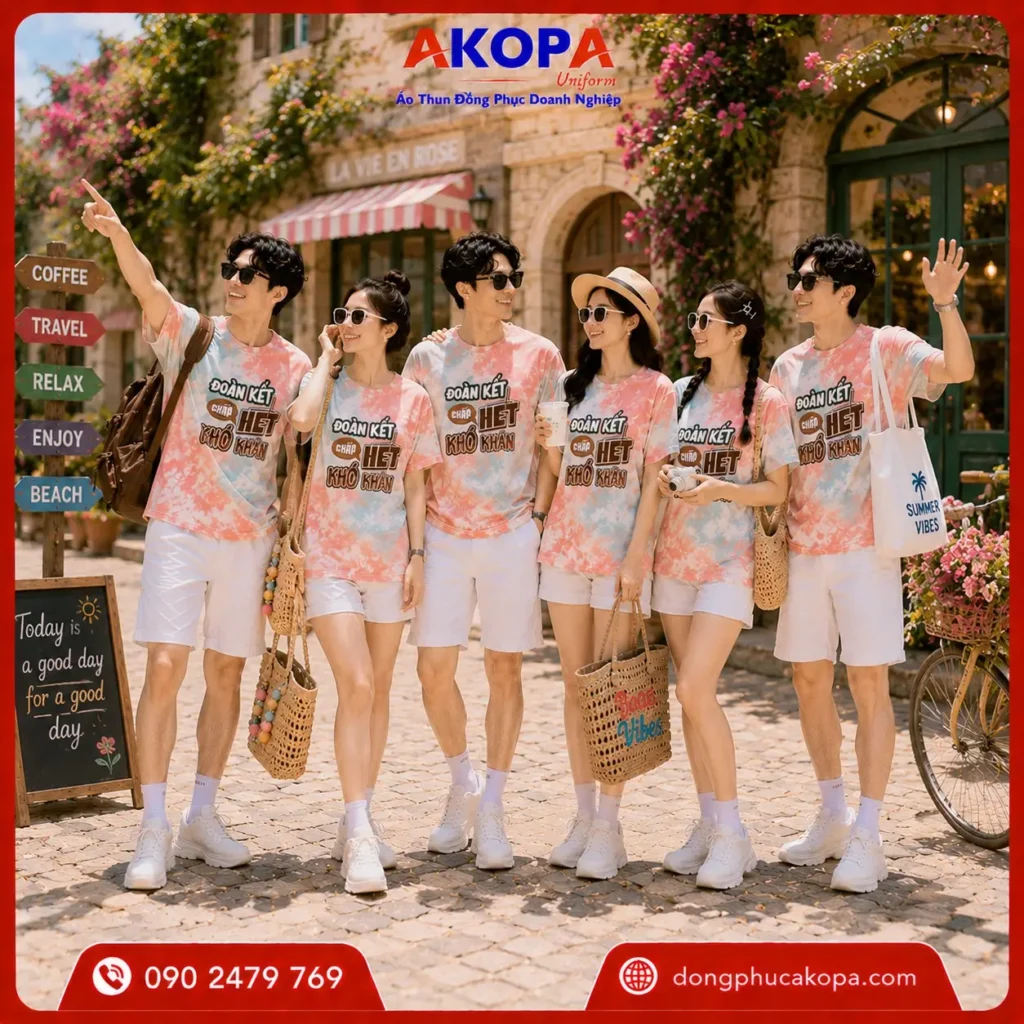 Mẫu áo team building loang cam hồng nổi bật với slogan "Đoàn kết chấp hết khó khăn", giúp cả team nổi bật và gắn kết trong mọi chuyến đi.