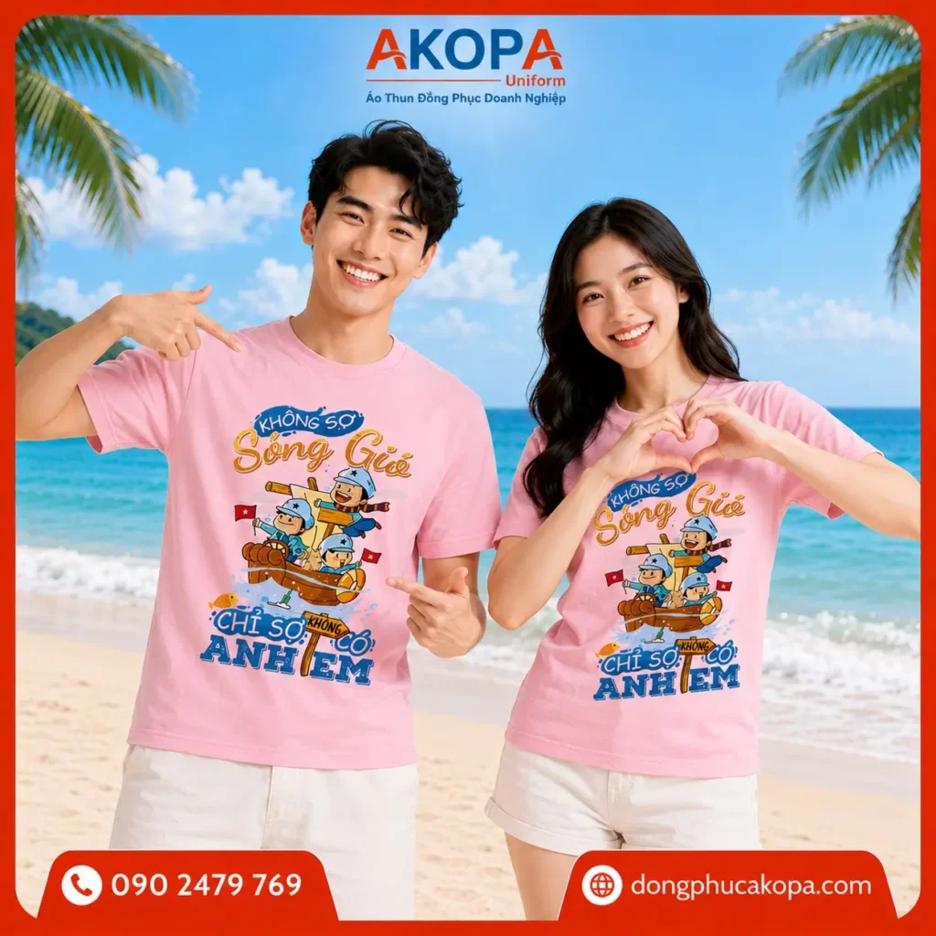 Áo nhóm đi biển màu hồng với slogan "Không Sợ Sóng Gió, Chỉ Sợ Không Có Anh Em", chất vải mát, phù hợp du lịch, team building và hội bạn thân.