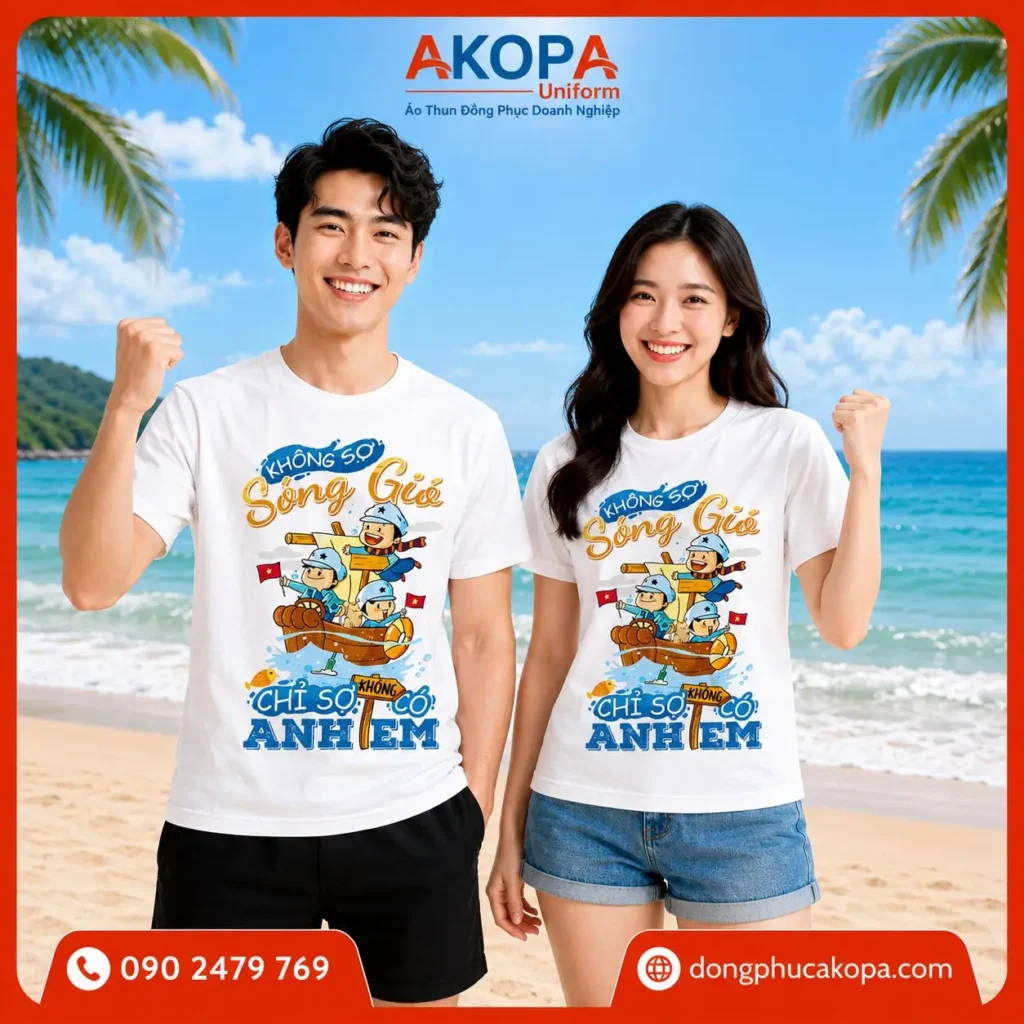 Áo nhóm đi biển màu trắng với slogan "Không Sợ Sóng Gió, Chỉ Sợ Không Có Anh Em", thiết kế trẻ trung, chất vải mát, phù hợp du lịch và team building.
