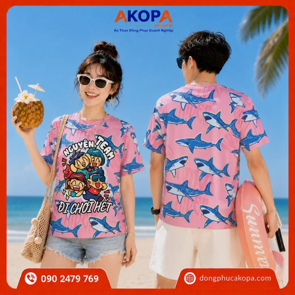 Mẫu áo nhóm đi biển họa tiết cá mập màu hồng độc đáo, thiết kế in full nổi bật với slogan "Nguyên Team Đi Chơi Hết". Chất vải mềm mát, thoáng khí, phù hợp cho hội bạn, du lịch, team building và tạo nên những bức ảnh check-in mùa hè đầy cá tính.
